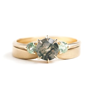 gold moss agate ring set with sating gold band image 1