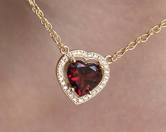 Garnet & diamond necklace, Solid gold heart necklace, Diamond halo necklace, Red garnet necklace