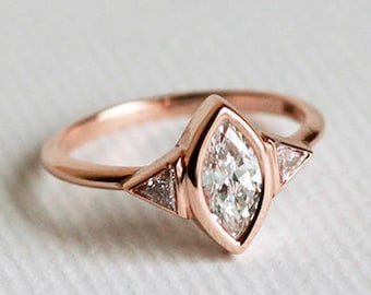 Rose Gold Diamond Engagement Ring, Three Stone Engagement Ring, Marquise Diamond Ring, 18k Solid Gold