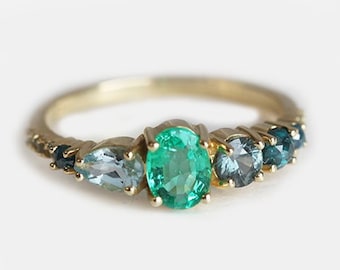 Emerald Engagement Ring, Emerald Cluster Ring, Cluster Engagement Ring, Oval Engagement Ring, Green Engagement Ring, Blue Engagement Ring