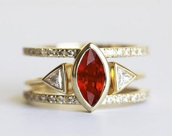 Ruby Ring Set, July Birthstone, Engagement triangle Diamond Ring, Marquise Bridal Wedding set,