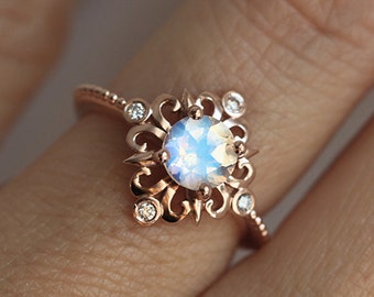 Rainbow Moonstone Ring Rose Gold, Moonstone Engagement Ring, Victorian Moonstone Engagement Ring