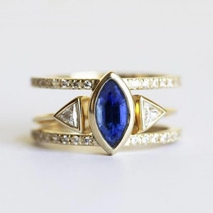 Blue Sapphire Engagement Set, Marquise Wedding Ring, Open triangle diamond band image 1