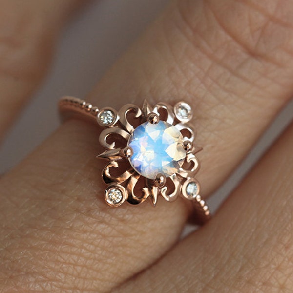 Rainbow Moonstone Ring Rose Gold, Moonstone Engagement Ring, Victorian Moonstone Engagement Ring