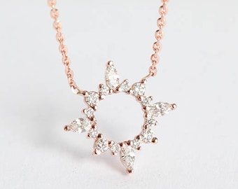 Halo Diamond Necklace, Diamon Sun Necklace, Simple Circle Gold Necklaces, Rose Gold Diamond Necklace, Gift For Her