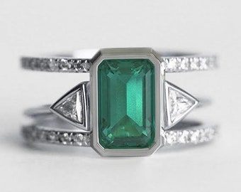 Set of Emerald and Diamond Double Band Ring and Open Trillion Ring in 18k Solid Gold, Matching Wedding or Engagement Set