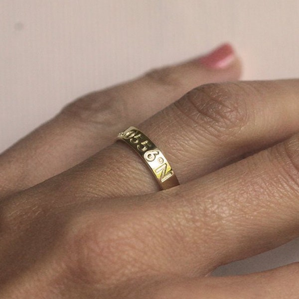 Coordinate Band Ring with Personalized Numbers in 14k or 18k Solid Gold or Sterling Silver, 4mm Wide