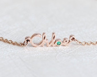 Dainty Name Bracelet with Personalized Birthstone, 14k or 18k Solid Gold, Sterling Silver