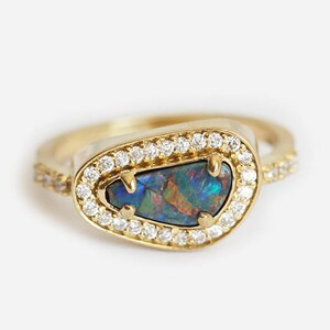 Asymmetrical Australian Black Opal and Diamond Halo Ring in 18k Solid Yellow Gold, One of a Kind Ring with a Bezel Setting image 4