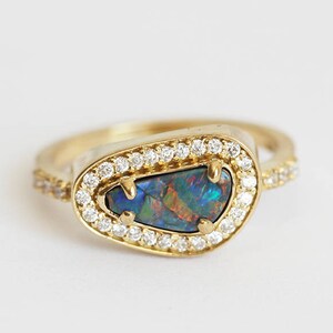 Asymmetrical Australian Black Opal and Diamond Halo Ring in 18k Solid Yellow Gold, One of a Kind Ring with a Bezel Setting image 8