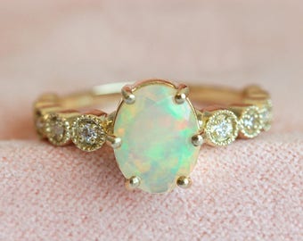 Gold opal & diamond ring, Vintage engagement ring, Ethiopian or australian opal ring, Welo opal ring