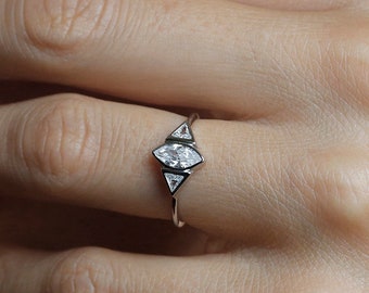 Marquise Diamond Engagement Ring, Trillion Diamond Ring, Three Stone Ring, Three Diamond Ring, Marquise Diamond Ring, .5 Carat Diamond Ring