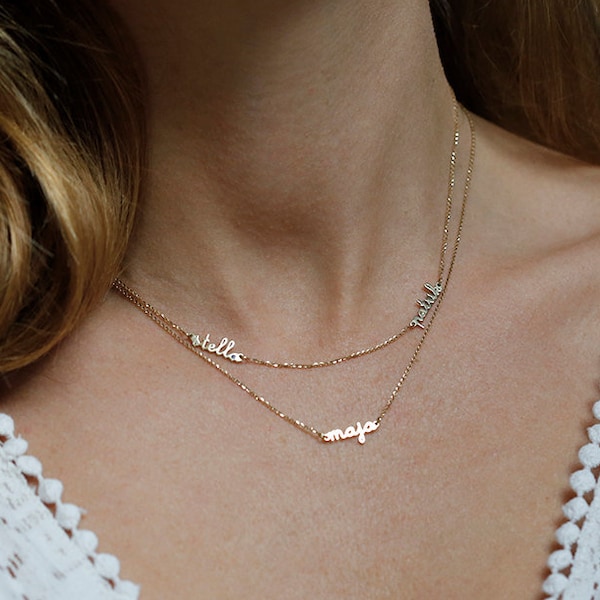 Birthstone Necklace, Simple Gold Name Necklace, Layered Necklace Set, Personalized Two Necklace, Rose Gold Necklace, Diamond Mother Jewelry