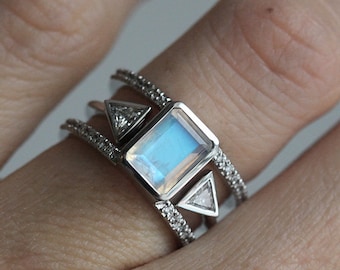 Set of Emerald Cut Moonstone Double Diamond Band and Open Trillion Matching Ring in 14k or 18k Solid Gold