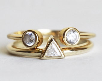 Diamond Ring Set in 14k or 18k Solid Gold, Trillion Solitaire with Matching Round Diamond Open Band