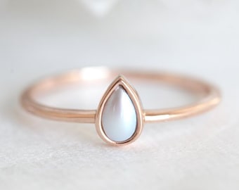 Pearl engagement ring, Rose gold pearl solitaire, Delicate pear cut ring, Dainty bezel wedding ring