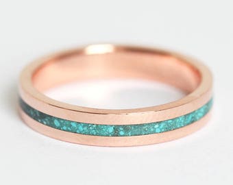 Turquoise wedding band, Rose gold inlay ring, Mens engagement ring, Simple 4mm wide band, Unisex band ring