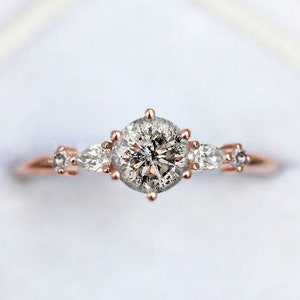 Salt and pepper diamond engagement ring, Salt pepper diamond cluster ring, Five diamond ring, Unique diamond engagement ring