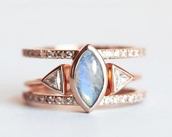 Moonstone Wedding Ring Set, Rainbow Moonstone Engagement set, Triangle Diamond open ring