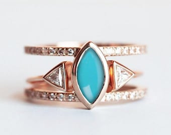 Turquoise Diamond Engagement Ring set, Bohemian diamond wedding set, triangle diamond open band