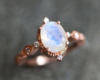 Moonstone Engagement Ring, Rainbow Moonstone Ring, Vintage Engagement Ring, Art Deco Engagement Ring, Vintage Moonstone Ring, Capucinne