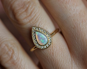 Opal engagement ring, Pear cut opal diamond solitaire, Blue opal wedding ring, Diamond halo ring