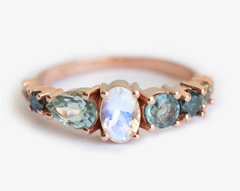 Moonstone sapphire cluster engagement ring, 14k gold mermaid ring, gemstone engagement ring, alternative engagement