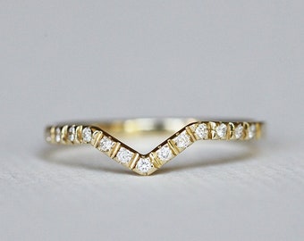 Pave Diamond Ring, V Shaped Wedding Band, Stacking Wedding Band, Micropave Diamond Ring, 14k Solid Gold