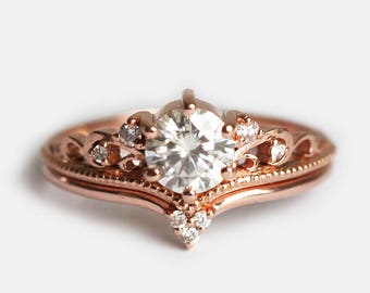 Moissanite Vintage Engagement Ring or Ring Set with Diamonds, Dainty filigree ring