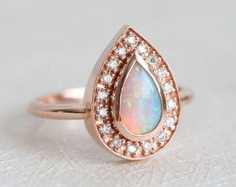 Opal engagement ring, Fire opal & diamond solitaire, Australian blue opal ring, Halo wedding ring