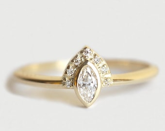 Marquise Diamond Engagement Ring with Pave Diamonds, 14k or 18k Solid Gold