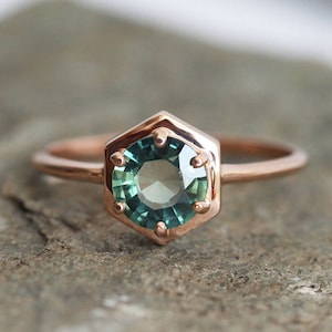 Teal Sapphire Ring, Sapphire Engagement Ring, Teal Blue Sapphire Ring, Rose Gold Sapphire Ring, Hexagong Ring, Simple Engagement Ring image 1