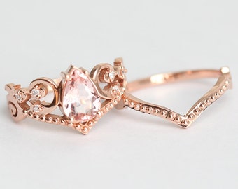 Morganite Wedding Set, Morganite Wedding Ring Set, Rose Gold Ring Set, Rose Gold Wedding Ring Set, diamond Ring Set