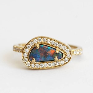Asymmetrical Australian Black Opal and Diamond Halo Ring in 18k Solid Yellow Gold, One of a Kind Ring with a Bezel Setting image 1