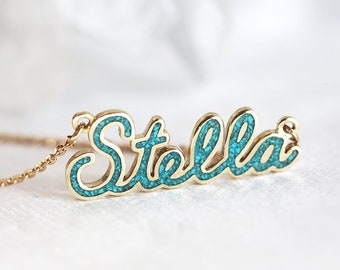 Name Necklace with Turquoise Inlay, Personalized Birthstone Word or Name Pendant in Silver, 14k or 18k Solid Gold