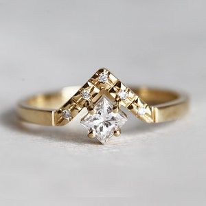 Princess Cut Engagement Ring with Pave Diamond Crown, Modern Minimalist Engagement Ring with Square Diamond image 1