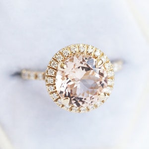 Halo Morganite engagement ring, Halo diamond ring with round morganite