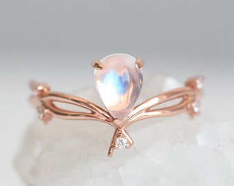 Pear Moonstone and Diamond Ring, Moonstone Engagement Ring, Twig Ring in 14k or 18k Solid Gold