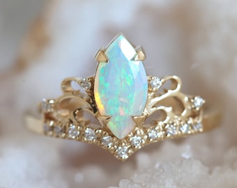 Opal engagement ring, Australian fire opal ring, Marquise cut ring, Vintage diamond wedding ring