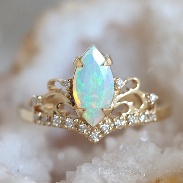 Opal engagement ring, Australian fire opal ring, Marquise cut ring, Vintage diamond wedding ring