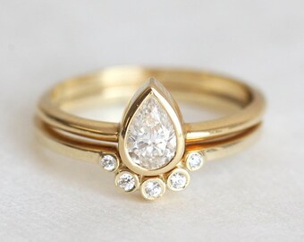 Pear Diamond Verlobungsring Set, GIA Diamant Ehering Set für Sie, 14k oder 18k Massivgold, Platin