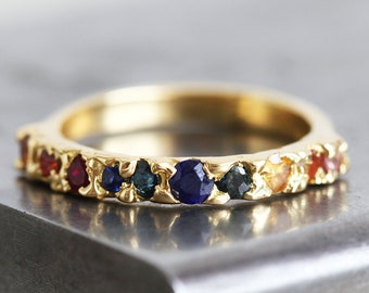 18k Gold Ring, Raw Wedding Band, Raw Wedding Ring, Ombre Ring, Sapphire Ring, Sapphire Wedding Band, Unique Gold Ring, Unique Wedding Band