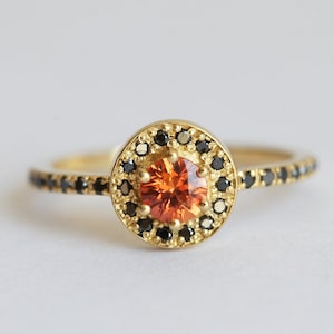 Orange Sapphire and Black Diamond Ring in 14k or 18k Solid Gold with a Full Diamond Halo and Half Eternity Band