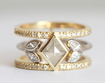 Salt Pepper Kite Diamond Ring Set, Geometric Diamond Engagement Ring with Diamond Open Band, Grey Diamond Ring by Capucinne