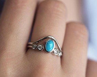 Set or Oval Turquoise and Diamond Curved Band in 14k or 18k Solid Gold with a 6mm Center Stone in Bezel Setting