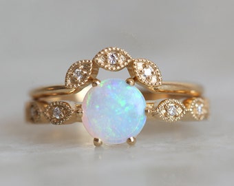 Round Australian Opal Ring, Vintage Opal Ring with Curved Diamond Band, 14k 18k yellow rose white