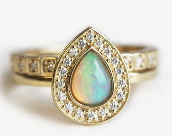 Australian Opal and Diamond Ring Set in 14k or 18k Solid Gold, Full Eternity Band with Halo Opal Ring