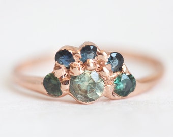 Handcrafted Teal sapphire Ring in 14k Rose Gold, Green Blue Sapphire Ring, Peacock Sapphire Ring, Rose Gold Engagement Ring, Green Ring