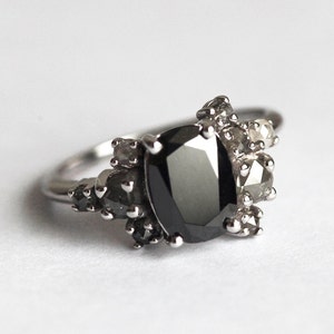 Black Diamond Ring, Black Diamond Cluster Ring, Black and Grey Diamond Ring, Grey Diamond Ring, Oval Diamond Ring, Unique Engagement Ring image 1