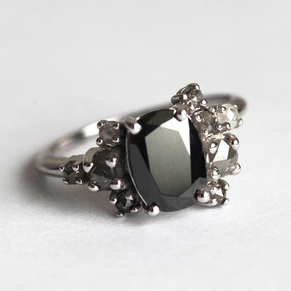 Black Diamond Ring, Black Diamond Cluster Ring, Black and Grey Diamond Ring, Grey Diamond Ring, Oval Diamond Ring, Unique Engagement Ring